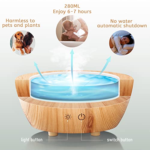 Glass Essential Oil Diffuser Wood Grain Base, 280ml Aromatherapy Diffusers Cool Mist Humidifier, LED Light in 7 Colors wit...