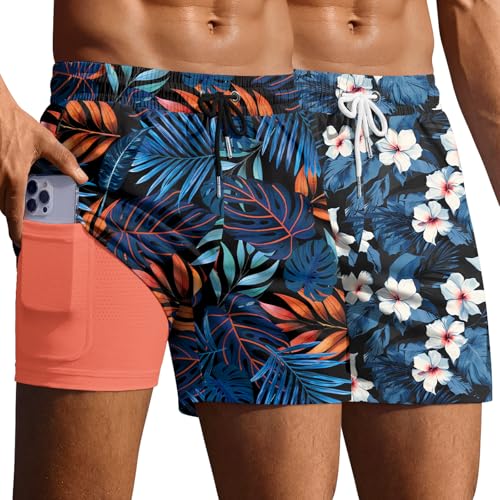 Ekouaer 2 Pack Men's Swim Trunks 5" with Compression Liner 2 in 1 Board Shorts Quick Dry Bathing Suit Swimwear Zipper Pocket