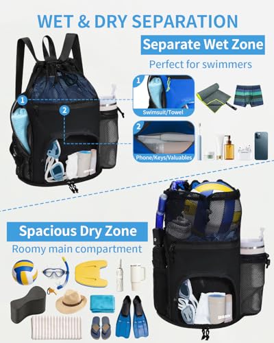 WANDF Swim Bag with Wet Pockets, Sandproof Beach Backpack with 40oz Tumbler Side Pockets, Mesh Drawstring Backpack Swim Ba...