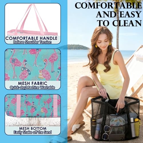 Fammart Mesh Beach Bag for Women, Large Beach Toy Pool Bag with Zipper Pocket, SandProof Cruise Essentials 2026 Family Travel