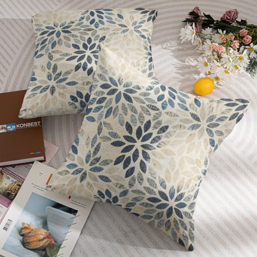Robvobe Dahlia Pillow Covers 16x16 Set of 2 Rustic Summer Rust Geometric Floral Navy Blue Cream Outdoor Decorative Throw P...