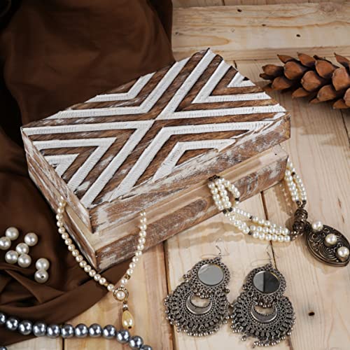Ajuny Handmade Wooden Box – Hand Carved Line Design Keepsake Box, Decorative Jewelry Organizer Treasure Chest, Memory Stor...