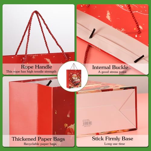 Rusikia 12 Christmas Gift Bags with 12 Tissues and 1 Satin Ribbon, Red Party Favor Bags Bulk with Handles, Glittery Cute B...