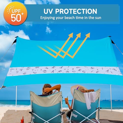 VILLEY Beach Tent Sun Shelter with UPF50+ Protection for 5 Person, 8x7FT Portable Sun Shade with 2 Stability Poles and 4 S...