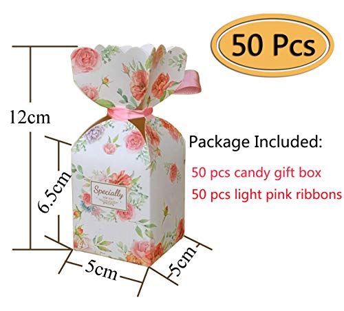Lontenrea 50 Pcs Floral Pattern Candy Boxes Wedding Birthday Party Favor Gift Box with 50pcs Light Pink Ribbon