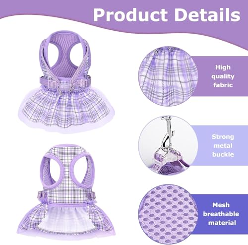 Dog Harness Dress, Plaid Dress with Leash Set, Summer Cute Pet Clothes,Girl Puppy Dresses for Girl Small Dogs, Chihuahua H...