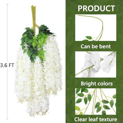 12Pcs Artificial Wisteria Flowers 3.6 Feet/Piece White Dense Artificial Fake Wisteria Vine Ratta Hanging Garland Silk Flow...