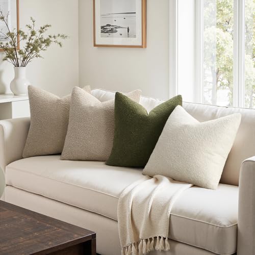 Topfinel Green Boucle Pillow Covers with Linen Cotton Accent Back Contrast Color Neutral Green Modern Earth-Tone Decorativ...