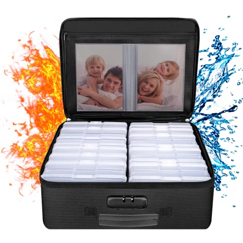 ENGPOW Fireproof Photo Storage Box with 16 Inner 4" x 6" Photo Case(Clear),Photo Box Organizer with Lock,Collapsible Porta...