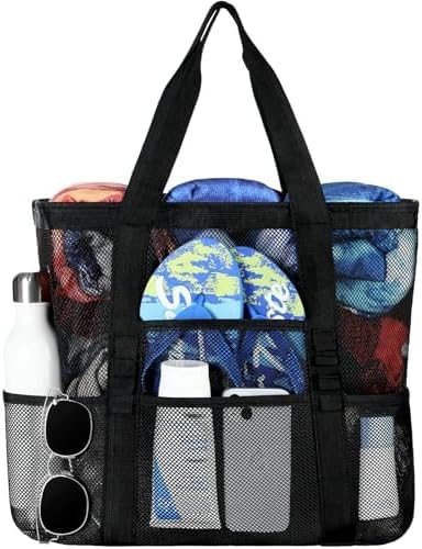 Tavaleu Mesh Beach Bag - Large Beach Tote with Multi Functional Pockets for Family Travel/Vacation