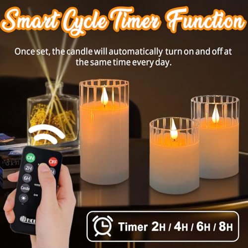 LEDHOLYT Rechargeable Flameless Glass Pillar Candles – Remote & Timer – Set of 3 White Stripes Realistic Flickering LED Li...