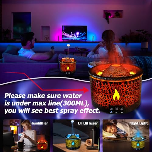 Cechlicht Volcano Diffuser, Essential Oil Diffuser 300ml Volcano Humidifier with Flame & Volcano Mist Mode, 2 Colors, Time...