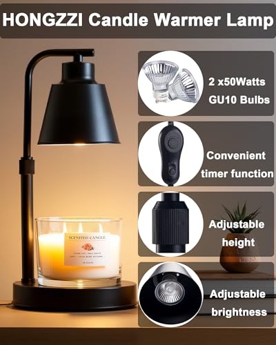 HONGZZI Candle Warmer Lamp with Timer - Adjustable Brightness & Height, 2 Free Bulbs Included | Wax Warmer Lamp for Jar Ca...