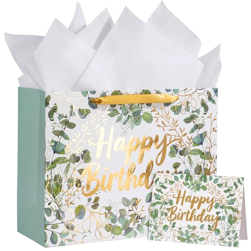 WRAPAHOLIC 13" Large Birthday Gift Bag with Card and Tissue Paper - Green and Gold Foil Eucalyptus Paper Bags for Kids Bir...