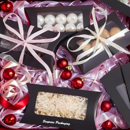50 Pcs Pillow Gift Boxes with Windows,Kraft Paper Mini Pillow Packaging Box, Creative Favor Box Folding Treat Boxes with C...
