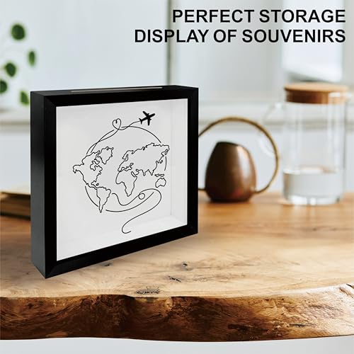 8 x 8 Inch Wooden Shadow Box Frame with Shelves Slot - Sketch Global Map Travel Theme - Money Savings Bank Ticket Saving B...