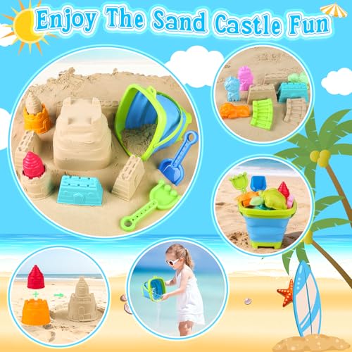 Collapsible Beach Toys for Kids Toddlers, Foldable Sand Bucket and Shovels Set with Mesh Bag & Sand Castle Building Kit, T...