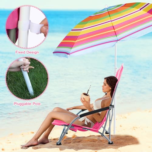 Huwena 2 Pack Beach Chairs with Umbrella for Adults, Low Folding Chair Set, Adjustable Detachable Umbrella, Lightweight Po...