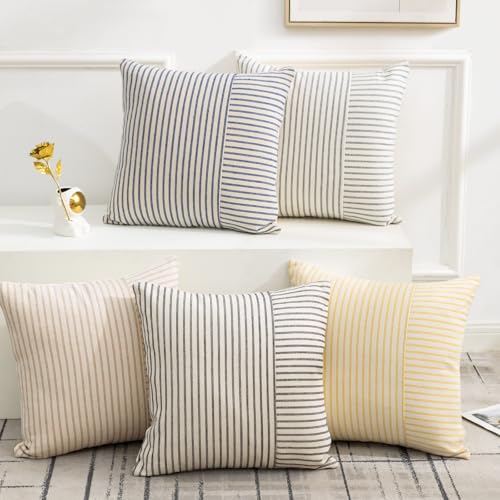 YCOLL Farmhouse Pillow Covers 20x20, Modern Accent Square Throw Pillow Covers Set of 2, Khaki and Beige Striped Patchwork ...