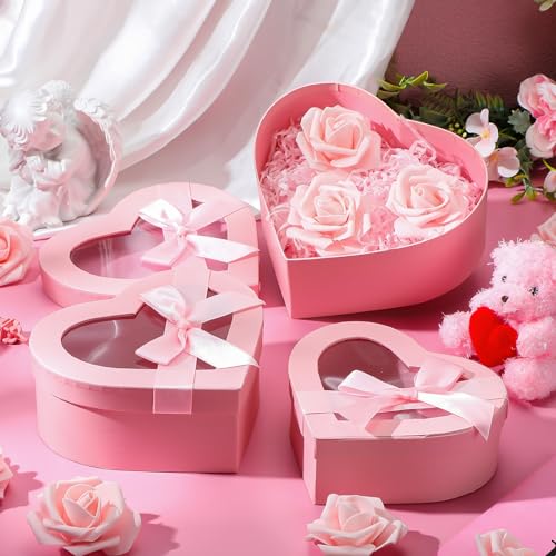 Resurhang 4 Pcs Mother's Day Flower Boxes Heart Shaped Boxes Floral Gift Assorted Sizes with Transparent Window Lids and R...