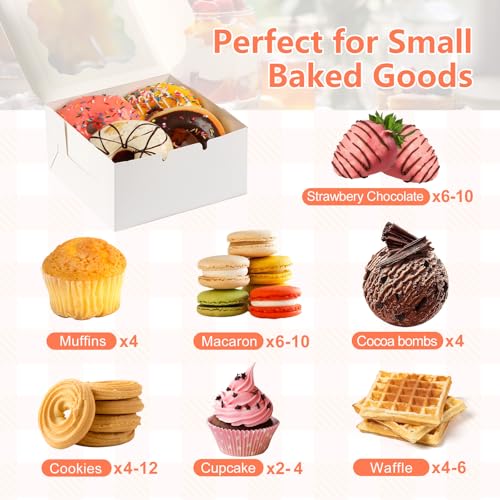 ZYFOTZUN 12 Pcs Cookie Boxes with Window, 6x6x3 Inches White Bakery Boxes, Treat Boxes with 50 Pcs Cookie Bags and 12 Pcs ...