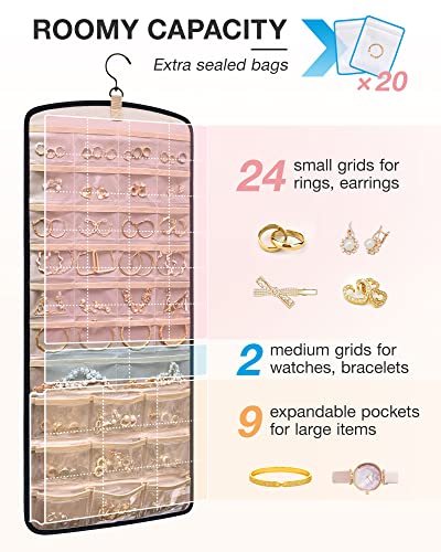 BAGSMART Hanging Jewelry Organizer, Necklace Holder Anti-tangle Earrings Rings Hanger with 20 Jewelry Bags Travel Storage ...