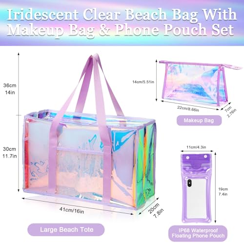 Cyrelwing 3PCS Iridescent Beach Tote Bag for Women Large Waterproof Beach Tote Bag for Swim Pool Summer Travel Vacation