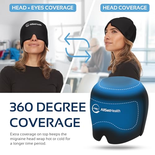Migraine Relief Cap Ice Head Wrap and Hat | Hot/Cold Gel Pack with Face and Eye Mask Compress for Headache Relief - Black