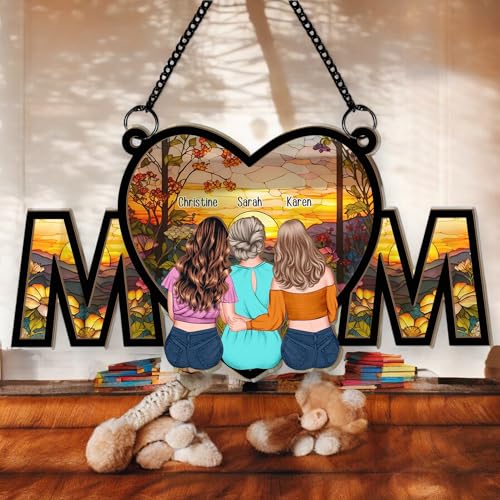 Personalized Heart-Shaped Suncatcher Window Hanging, Decorative MOM Sign with Sunset Scene
