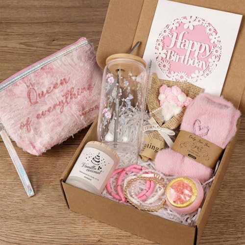 MUGIQUE Birthday Gifts for Women, Birthday Gift Basket with Glass Cup, Happy Birthday Gift Box for Women Teen Girl, Gifts ...