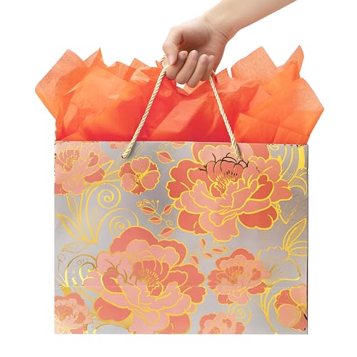 13" Large Rose Gold Gift Bag Set with Greeting Card and Orange Tissue Paper for celebrating birthdays,Mother's Day,Christm...