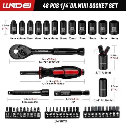 LLNDEI 48 Piece 1/4 Inch Mini Socket Ratchet Wrench Set, Metric Shallow Socket (4-14mm) 6-Point,with 72 Teeth Mini Ratchet...