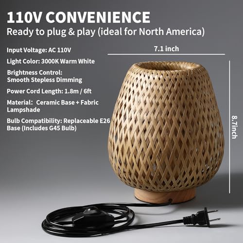 URLIGHTS Table Lamp with Double Layer Woven Shade Wood Base,Desk Bedside Small Lamps with 6ft Power Cord, 110V Plug, Dimma...