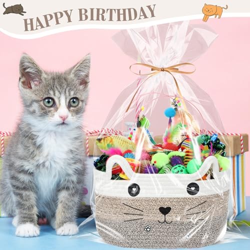 Zopeal 76 Pcs Easter Cat Storage Basket Gift Toys Set Interactive Cat Toys Kitten Wand Colorful Flashing Balls Pet Crinkle...
