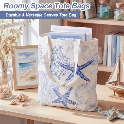 Reginary 6 Pcs Coastal Canvas Tote Bags with Pocket Summer Beach Themed Gifts Blue Seashell Starfish Conch Coral Pattern