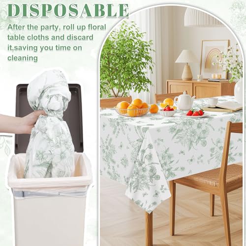 3 Pack Sage Green Floral Plastic Tablecloths, 54 X 108Inch Tea Party Tablecloth Disposable Table Cloths Green and White Po...
