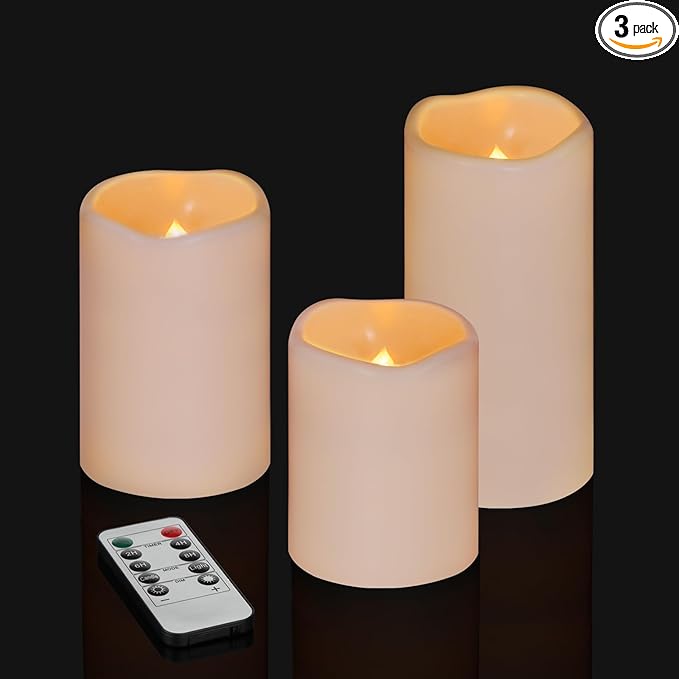 Flameless Candles 4" 5" 6" Set of 3 Ivory Outdoor Indoor Pillars 3" Diameter Battery Operated Flickering Candles Include 1...