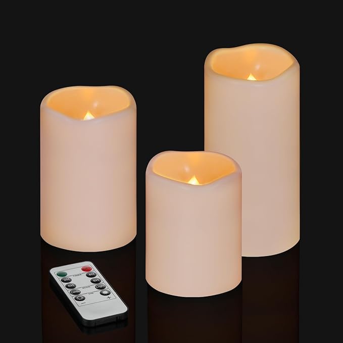 Flameless Candles 4" 5" 6" Set of 3 Ivory Outdoor Indoor Pillars 3" Diameter Battery Operated Flickering Candles Include 1...