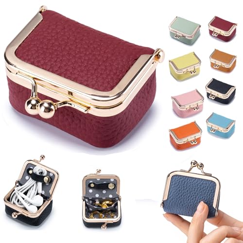 KLESZZYD Genuine Leather Mini Jewelry Box & Coin Purse for Women, Travel Jewelry Case with Kiss Lock, Holds Earrings, Ring...