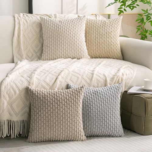 Cozoomy Set of 4 Neutral Decorative Throw Pillow Covers 18x18 Inch Corduroy Pillow Covers for Bed Couch Sofa Living Room S...
