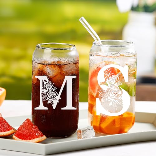 Custom Cups for Women – 16oz Monogrammed Glass Tumbler with Lid & Straw–Personalized Cups with Names, Personalized Birthda...