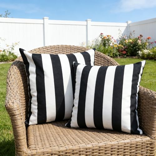 GHSJYO Waterproof Throw Pillow Covers 24x24inch Set of 2 Farmhouse Outdoor Black and White Stripes Square Pillow Cushion C...