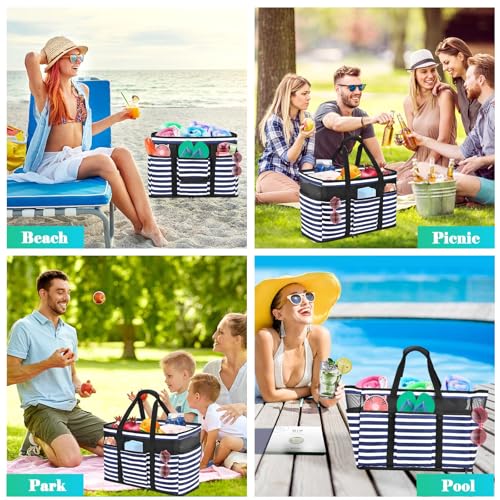 TEUEN Large Beach Bag with Zipper, 12 Pockets Waterproof Sandproof Pool Bag Womens Mesh Beach Tote Bag for Travel Vacation