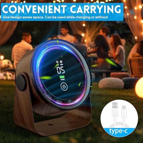 Small Desk Fan 5000mAh Rechargeable Battery Powered -Retro Low Noise Quiet Portable Gentle Blowing with LED Night Light Of...