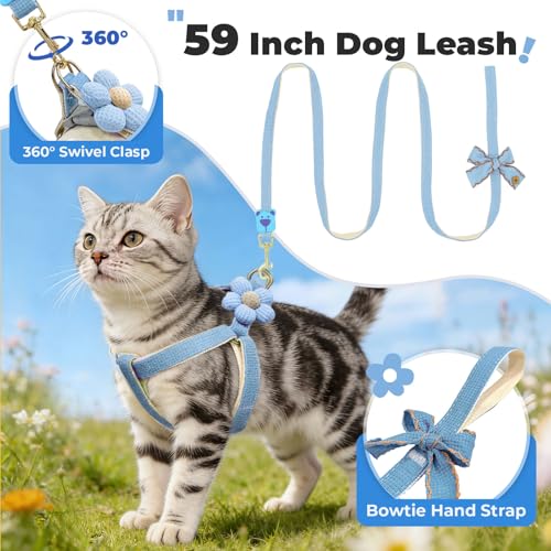 PETCARE Cute Cat Harness and Leash Set, Blue Flower Cat Walking Harness with Bow Tie Cats Leash, Easy Walk Lightweight Ste...