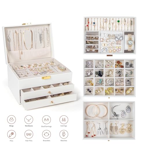 GUOER Jewelry Box for Women Girl Wife 3 Layers Large PU Leather Jewelry Organizer Storage Case with Two drawers Display fo...
