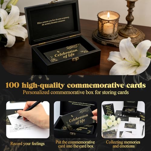Celebration of Life Memory Box Set with 100Pcs Share a Memory Cards for Funeral and 6 Pens, 2 Wood Sign, Memorial Decorati...