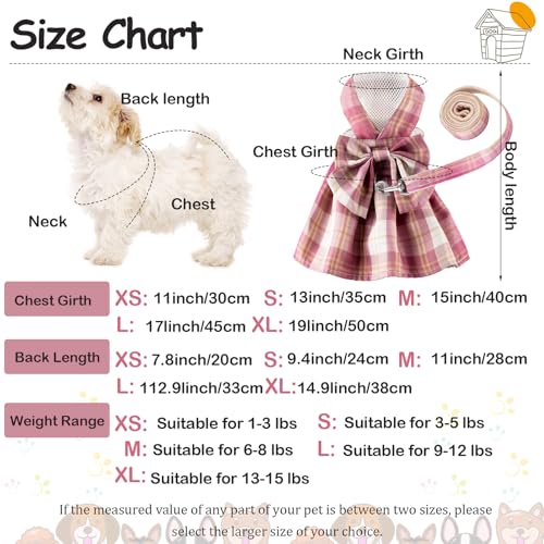 Potchen 4 Pcs Cute Plaid Dog Dress Set with Bow Tie Harness & Leash for Small Dogs, Puppy Clothes for Girls Outfits(Xs,Dar...
