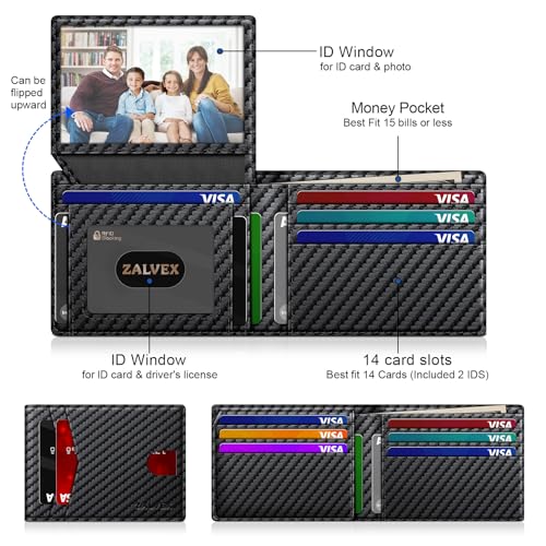 Wallet for Men Slim RFID Blocking Leather Credit Card Holder Wallet for 14 Cards, Bifold Minimalist Thin Wallet with 2 ID ...