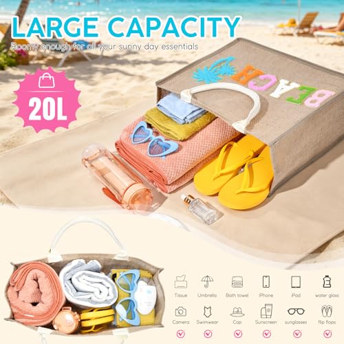 KUIRAN Beach Bag for Women Large Woven Straw Bag with Chenille Letter Patches and Water-resistant Lining, 20L Tote Handbag